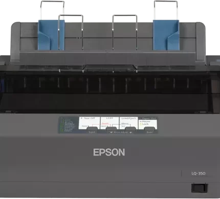 The Epson LQ-350 is a compact 24-pin dot matrix printer designed for high-volume, cost-effective printing. Ideal for applications requiring continuous or multi-part stationery, it offers a high ribbon yield of 2.5 million characters and low power consumption, using just 1.3W in sleep mode and 22W when powered on. With a mean time between failures (MTBF) of 10,000 operating hours, it ensures reliability for both front and back office tasks. The printer features USB 2.0, RS-232, and bidirectional parallel interfaces, making integration into existing systems straightforward. Its compact design allows it to fit neatly onto desks, optimizing workspace efficiency.